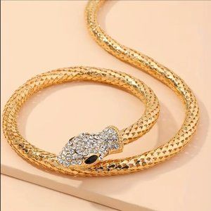 Gold Tone Rhinestone Snake Serpent Magnetic Mesh Rope Lariat Necklace
